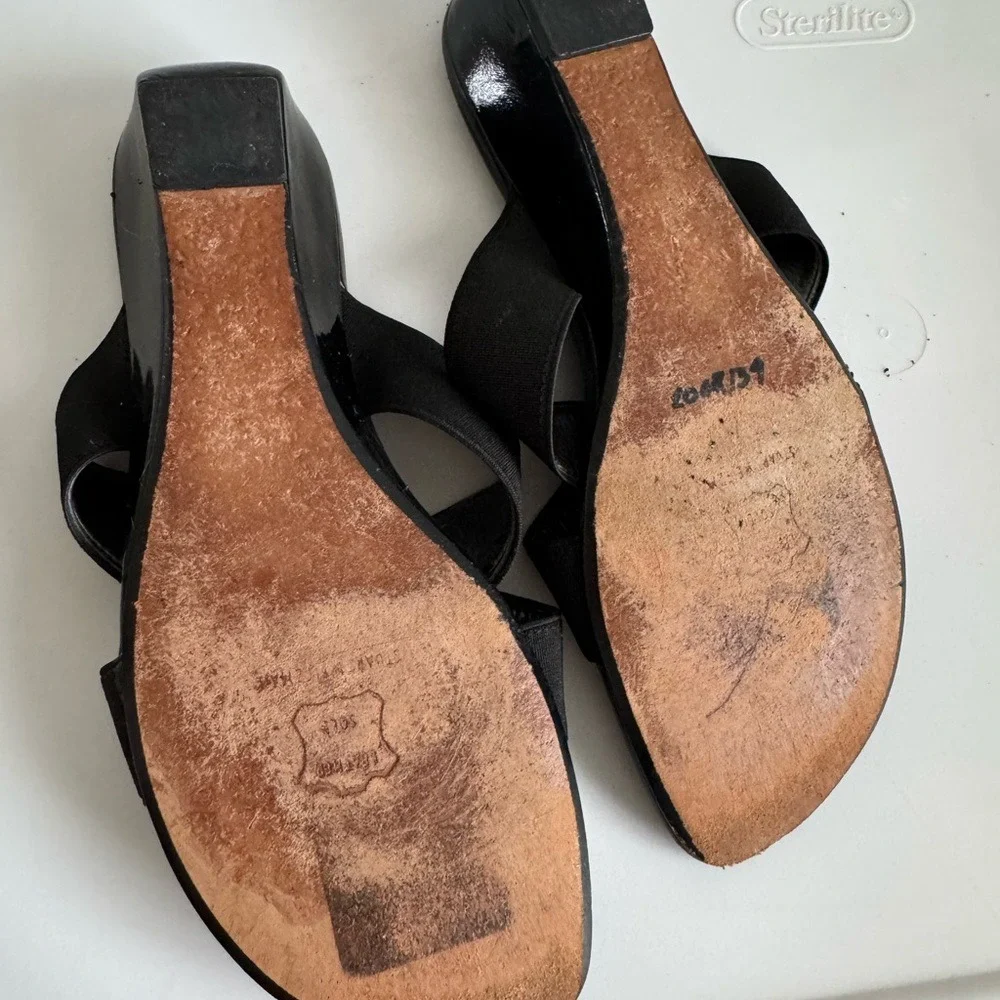 Stuart Weitzman Patent‎ Leather Elastic Wedge Sandals Size 7 W Box Ret $285
